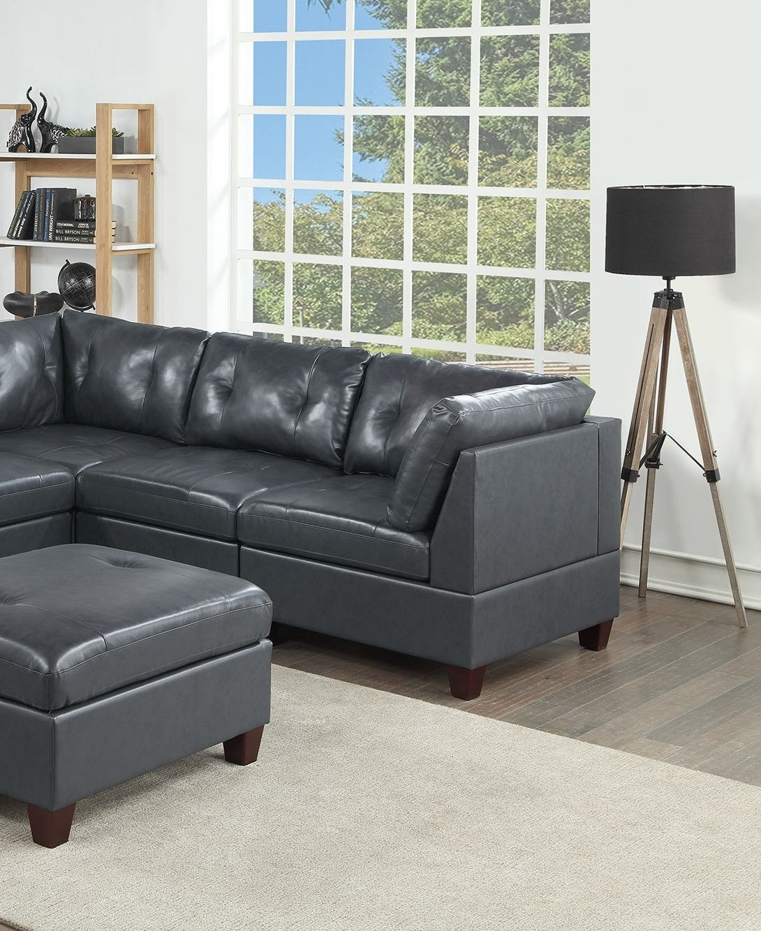 Sana Genuine Leather Sectional 6pc Set 3x Corner Wedge 2x Armless Chair 1x Ottoman - Black