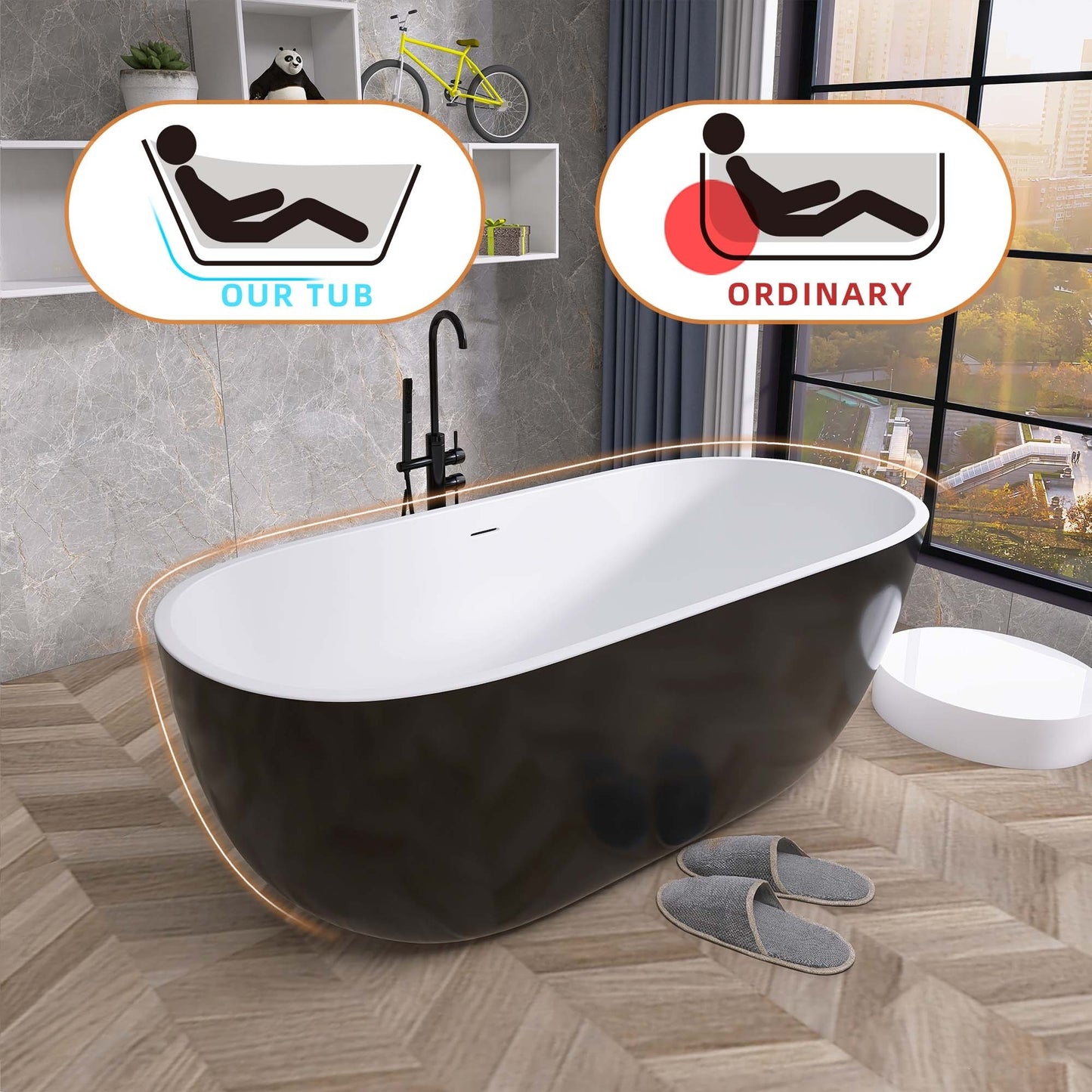 Hana 65" Oval Shape  Acrylic Freestanding  Soaking Bathtub - Black