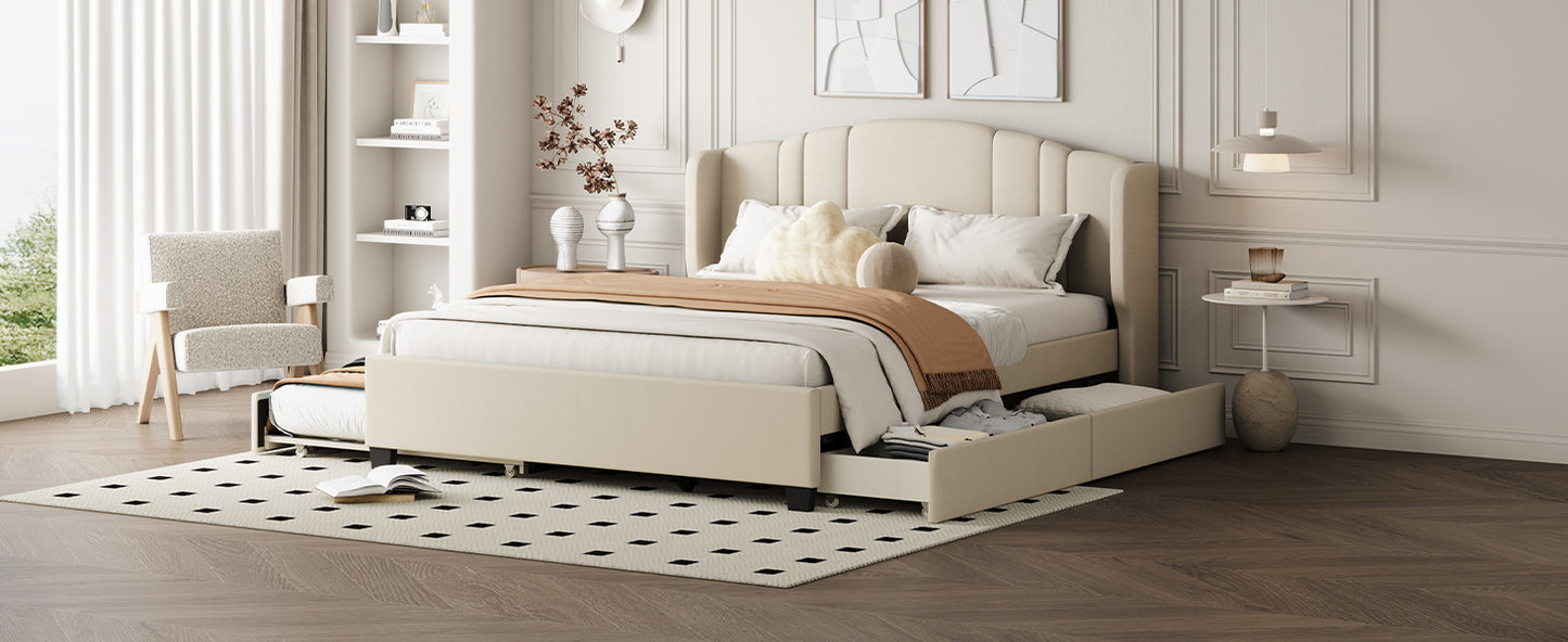 Mali Queen Size Platform Bed with Wingback Headboard - Beige