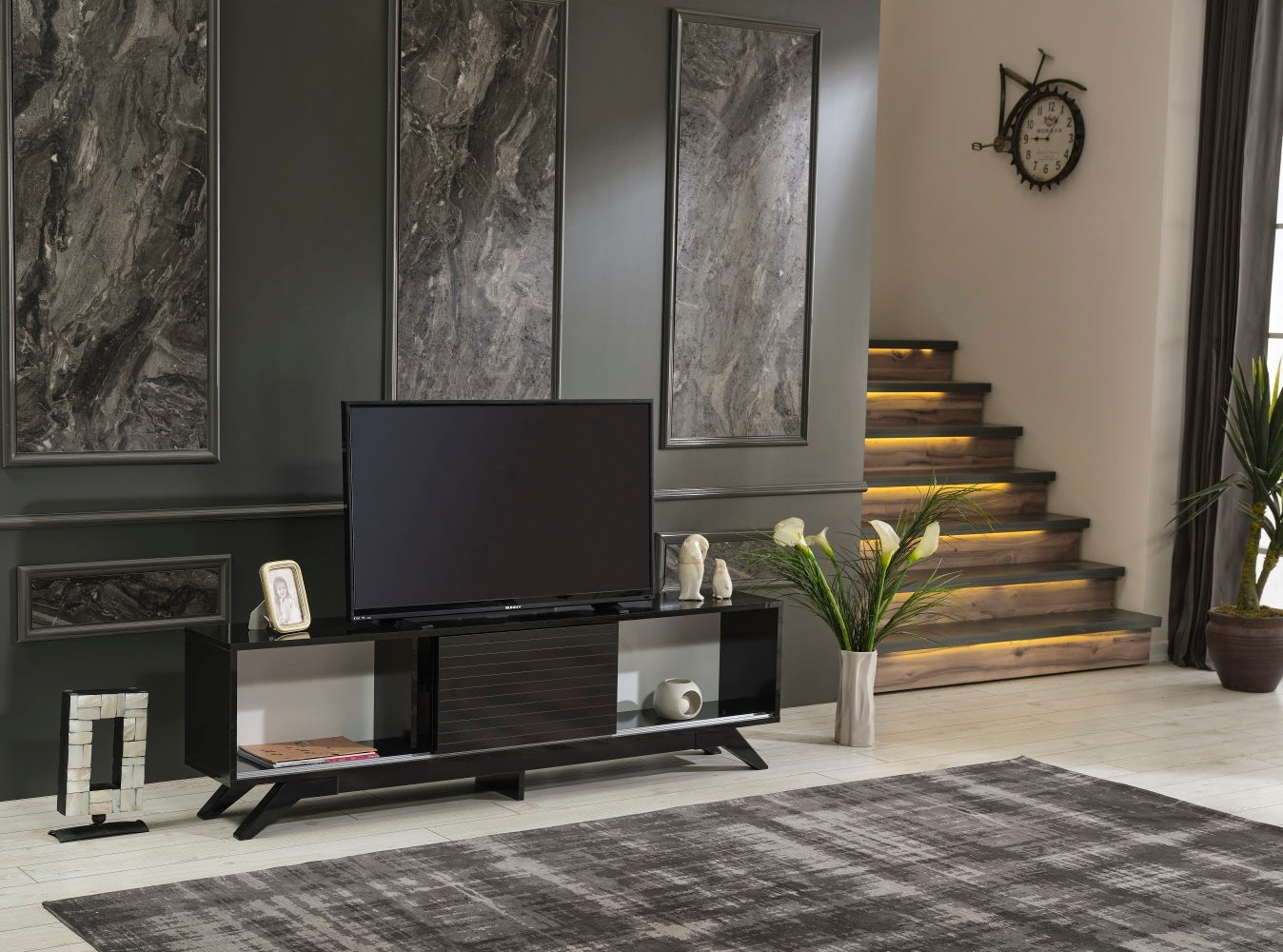 Luxia Mid Century Modern TV Stand 2 Sliding Door- Black