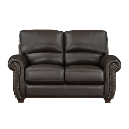 Mata Leather Loveseat Rolled Arms Nailhead Trim - Dark Brown