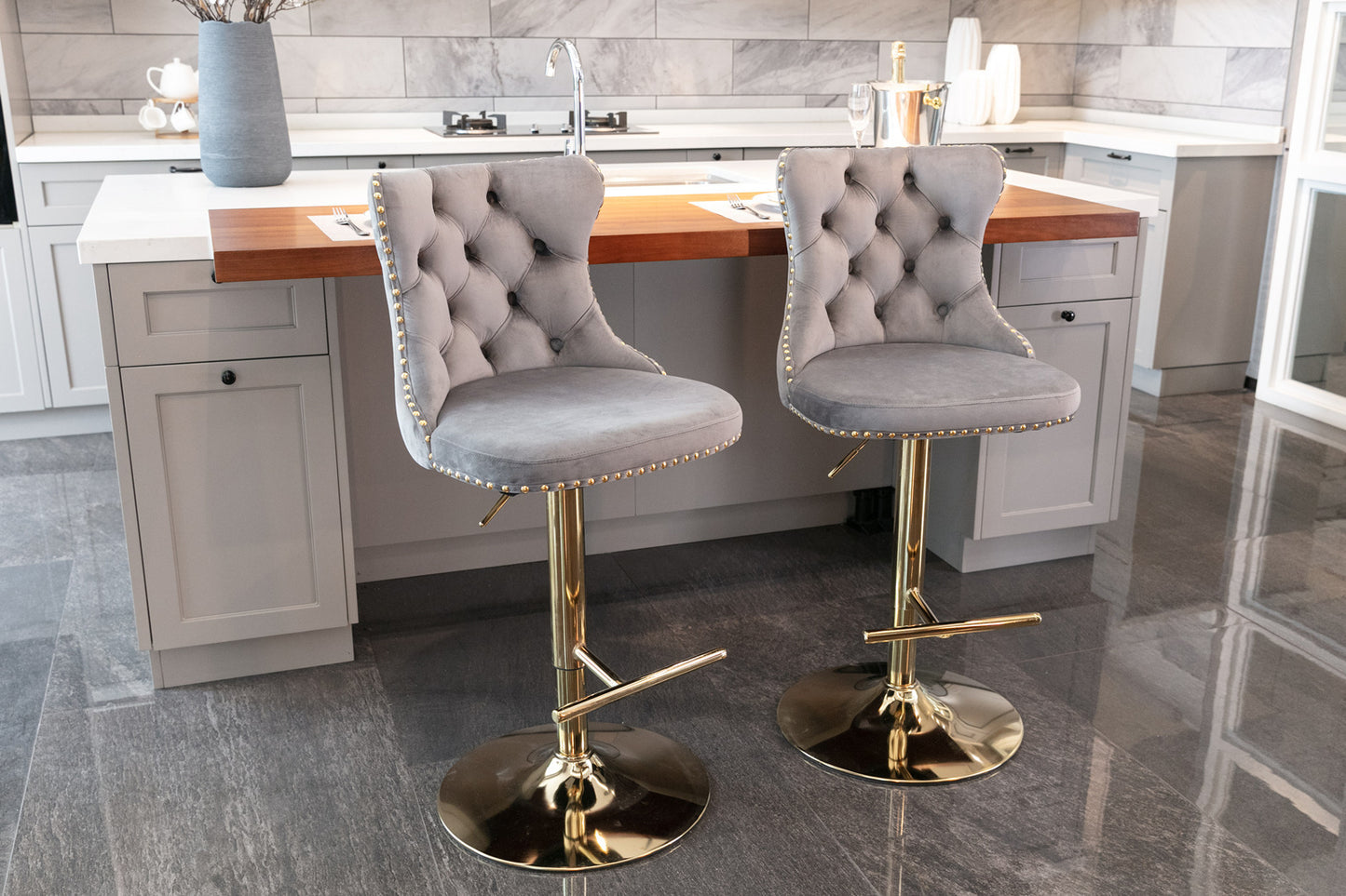 Stellar Golden Swivel Velvet Barstools Adjusatble Height - Gray  Set of 2