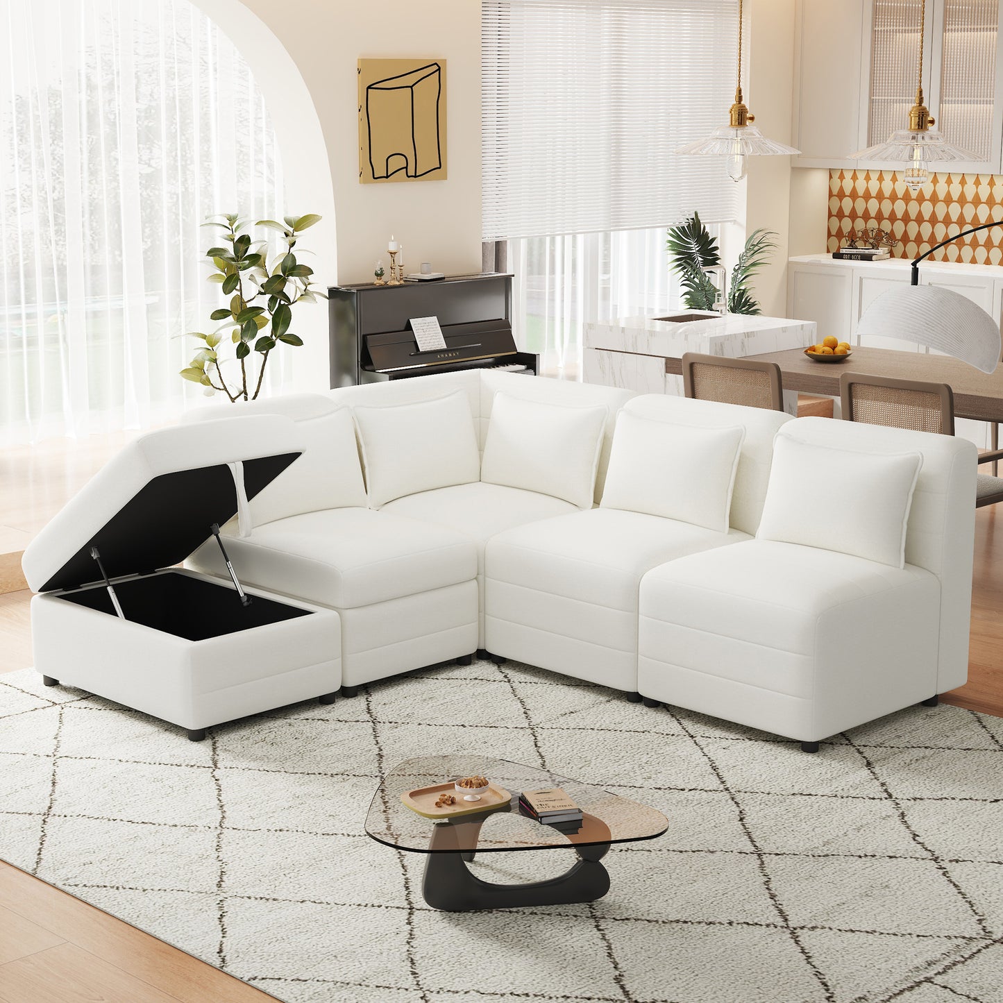 Lexi Sectional Sofa 5-seater Modular Couches with Storage Ottoman - Cream