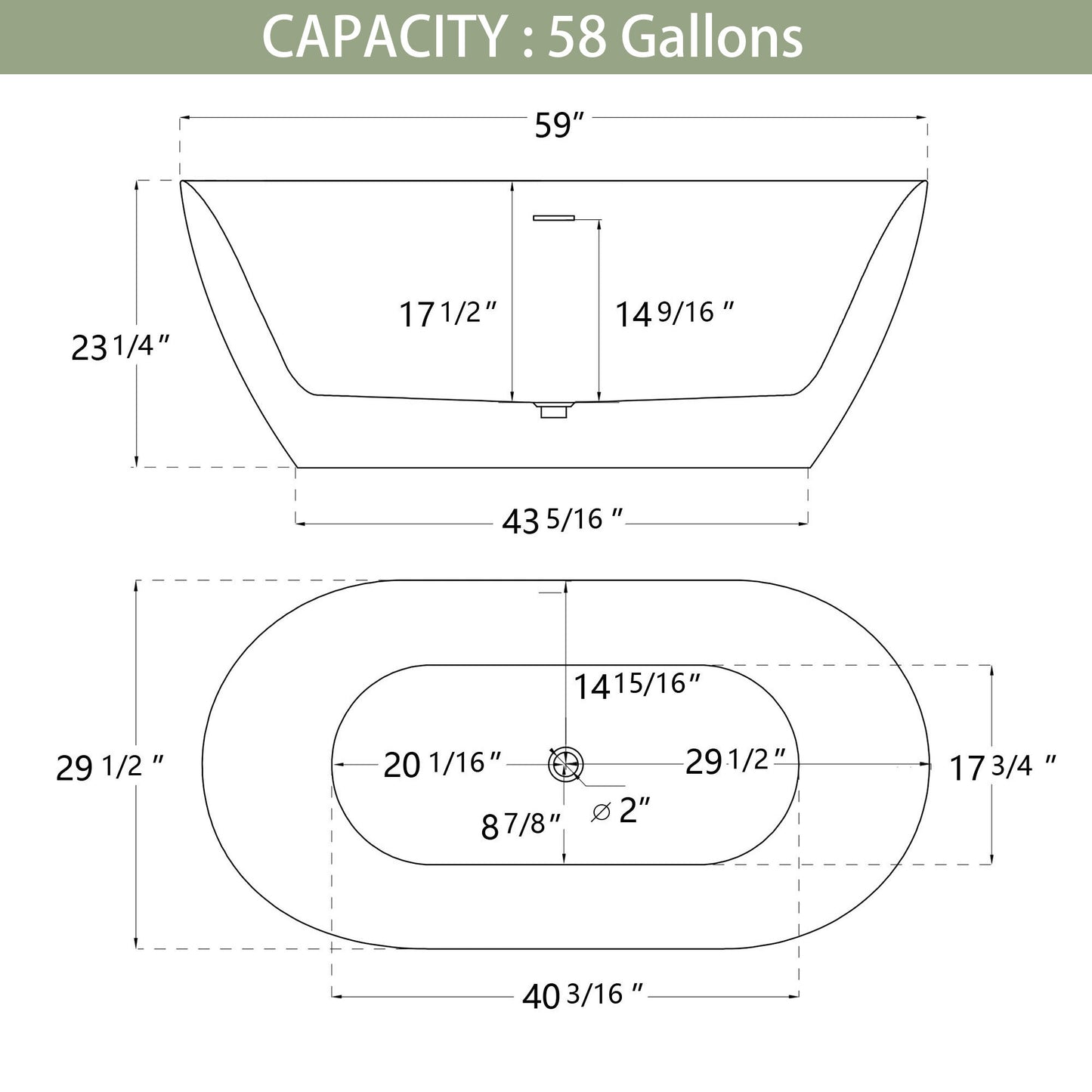 Nuvo 59" Acrylic Free Standing Oval Shape Soaking Tub - Gloss Black+White