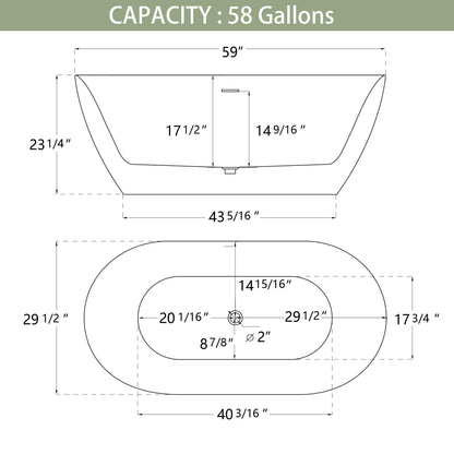 Nuvo 59" Acrylic Free Standing Oval Shape Soaking Tub - Gloss Black+White