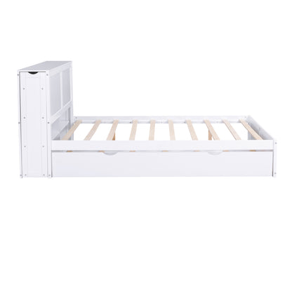 JR Queen Size Platform Bed w Pull Out Twin XL Size Trundle - White