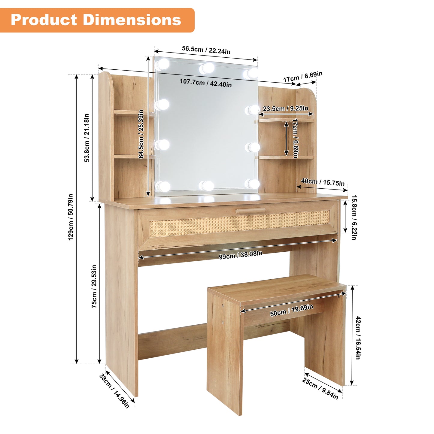 Brooks Vanity Desk Set With LED Lighting Mirror - Natural