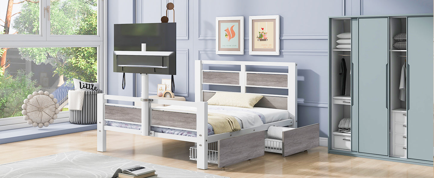 Rosy Twin Size Metal Platform Bed w Rotatable TV Stand - White