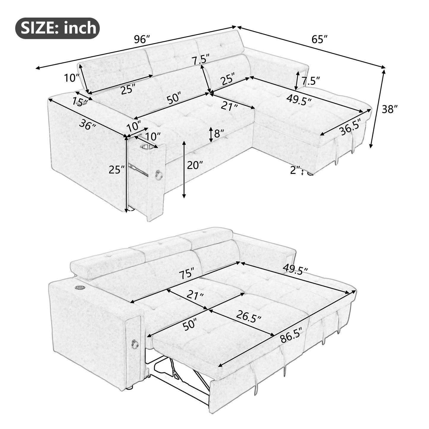 Tumic Pull-Out Sofa Bed L-Shape Sectional Sofa - Gray