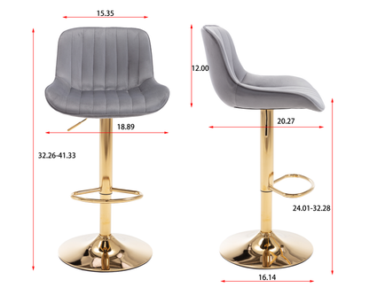 Stramline Adjustable Velvet + Golden Leg Bar Stool - Gray Set of 2