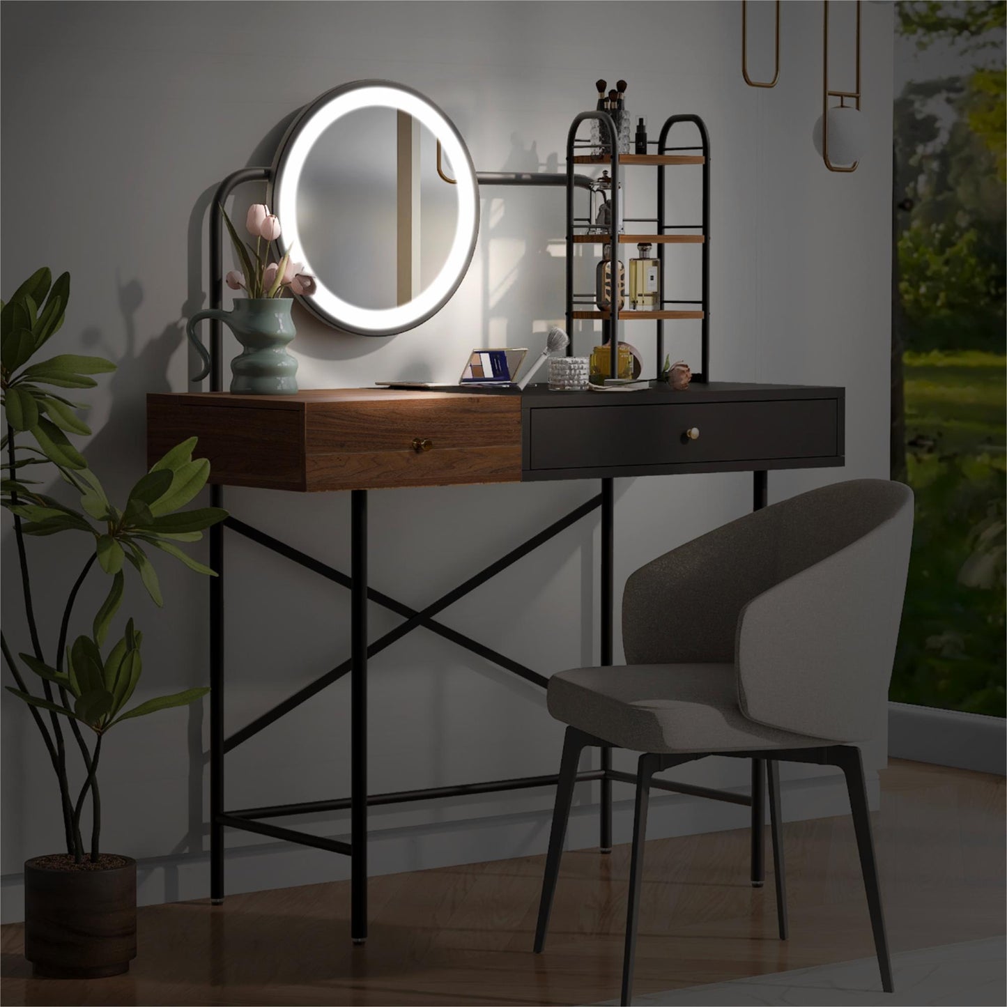 Esme Makeup Vanity Desk with 3-Mode Lighted Mirror - Black