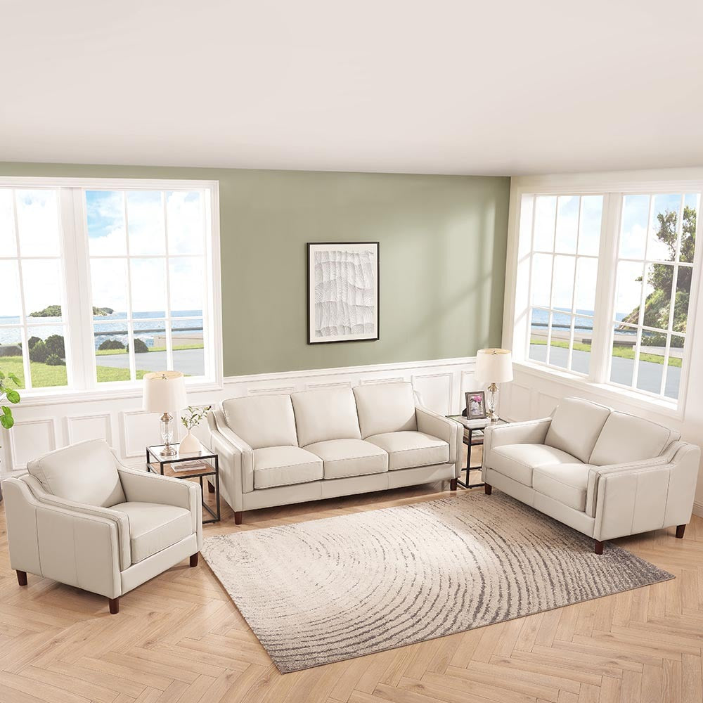 Bella Top Grain Leather Loveseat - Beige+White