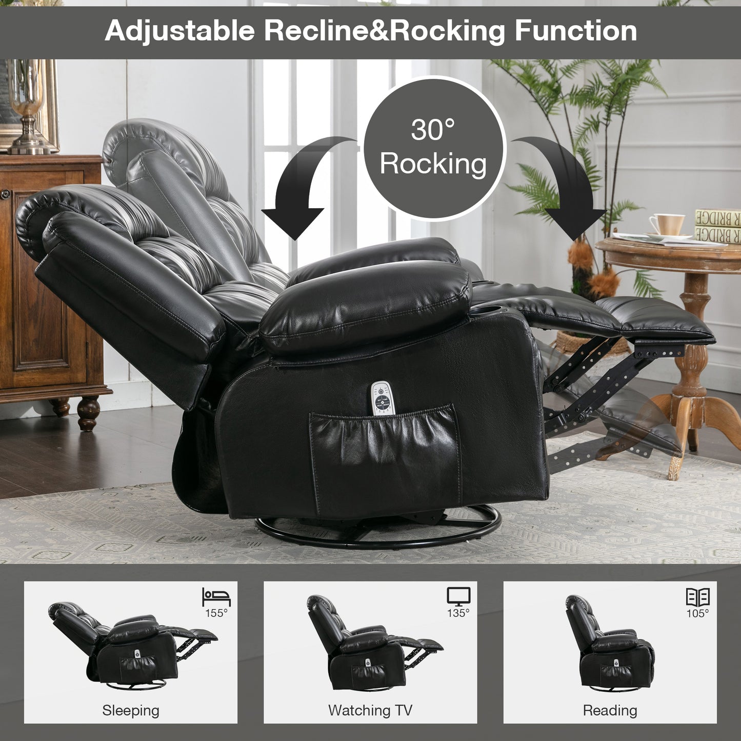 Harris Swivel Rocker Recliner Chair with Vibration Massage and Heat - Black