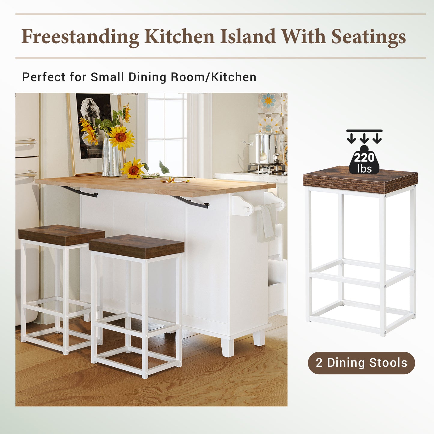 TOPMAX  Kitchen Island Set with 2 Seatings - White