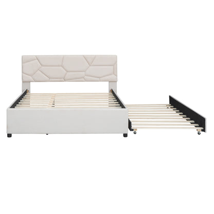 Brick Queen Size Upholstered Platform Bed with Twin Size Trundle - Beige