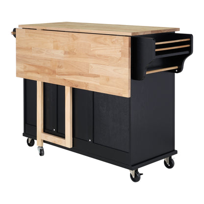 Culinary Wood Top Kitchen Island with Storage - Black