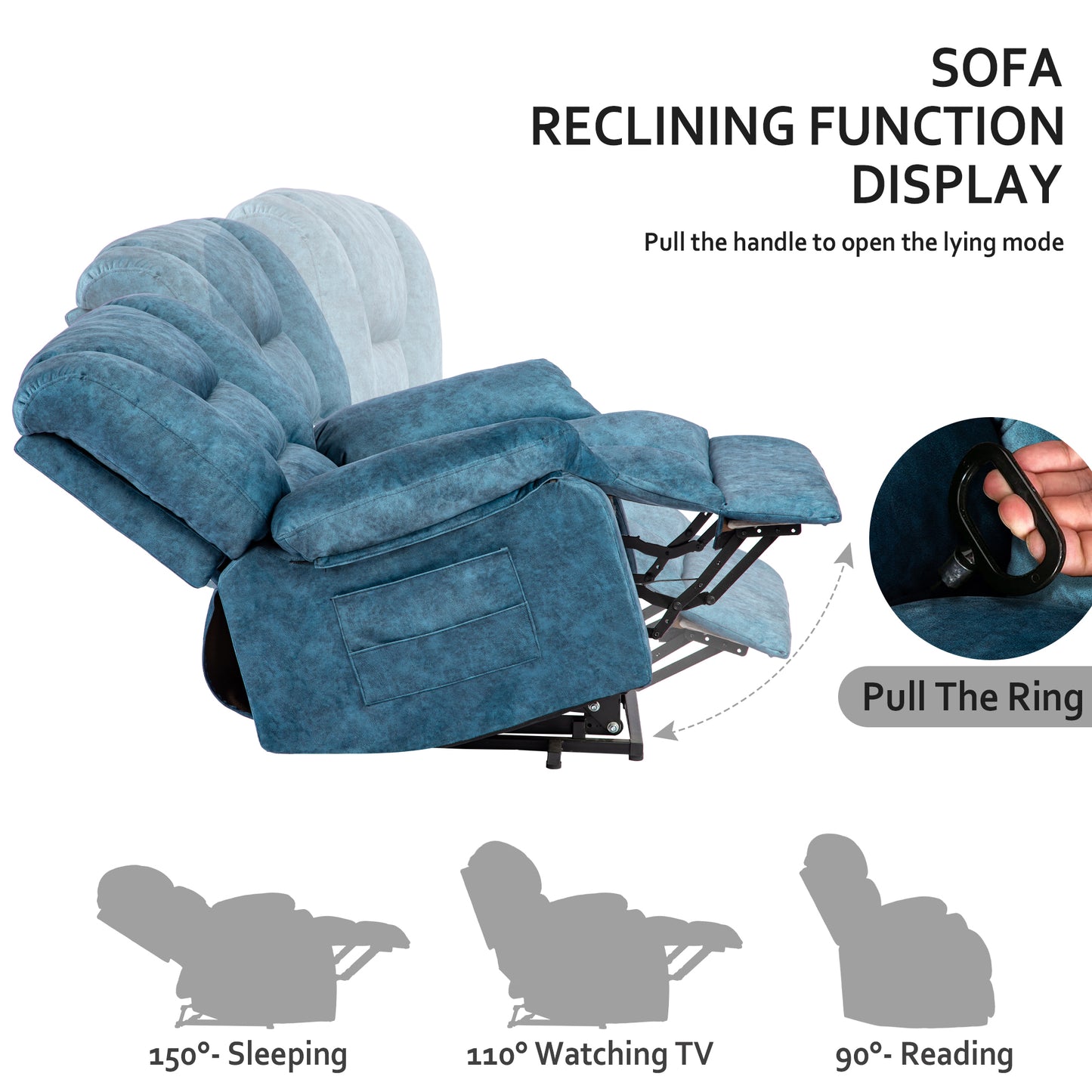 Azure Oversized Recliner Sofa with Massage and Heating - Blue