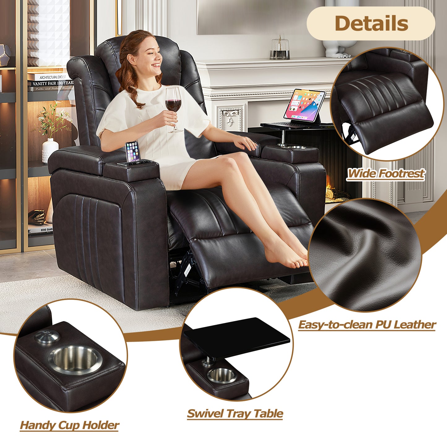 Morris PU Leather Power Recliner - Brown