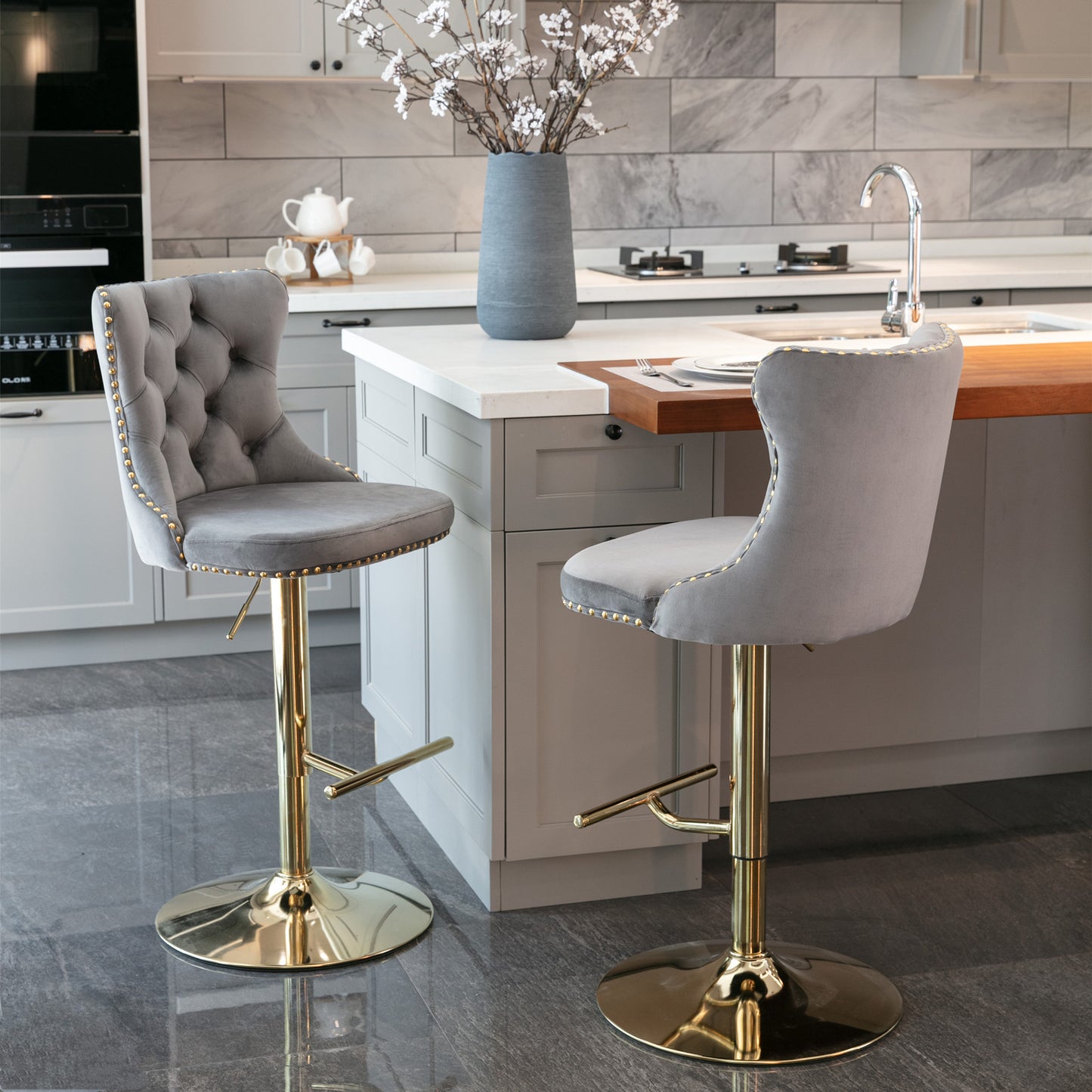 Stellar Golden Swivel Velvet Barstools Adjusatble Height - Gray  Set of 2