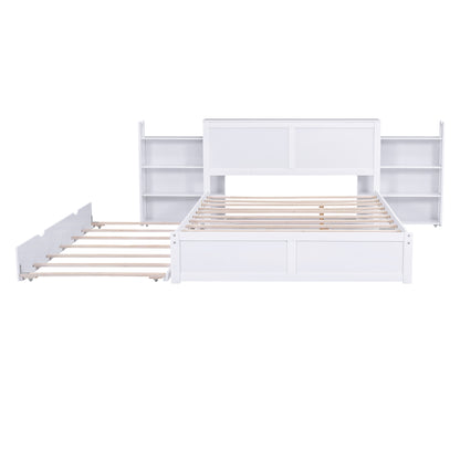 JR Queen Size Platform Bed w Pull Out Twin XL Size Trundle - White