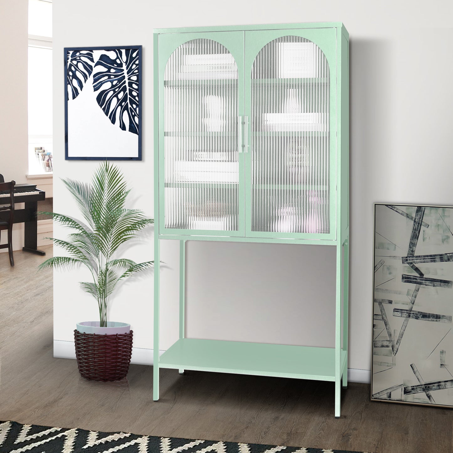 Arched II Glass Doors Floor Cabinet - Mint Green