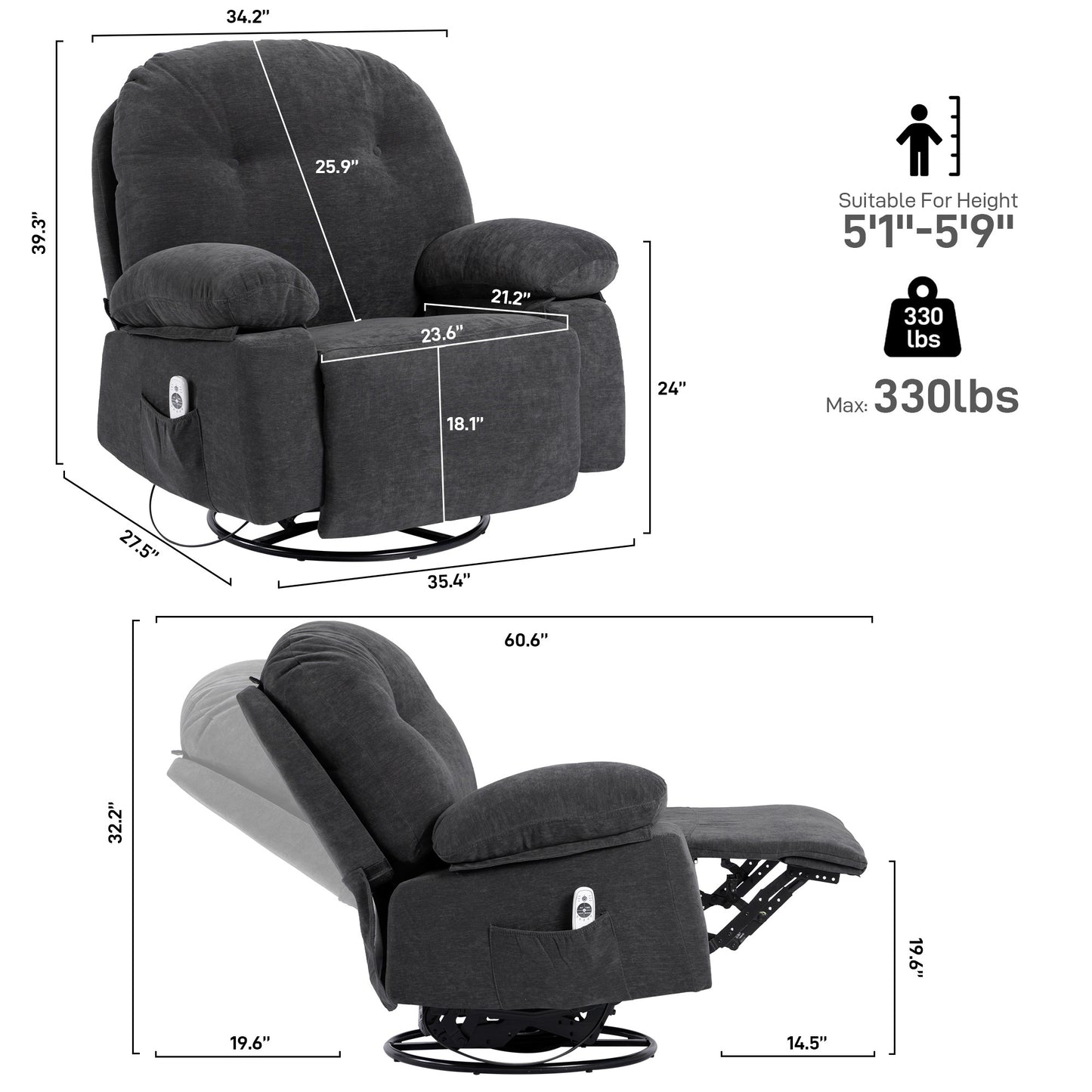 Meza Swivel Massage Rocker Recliner with Heat - Dark Gray