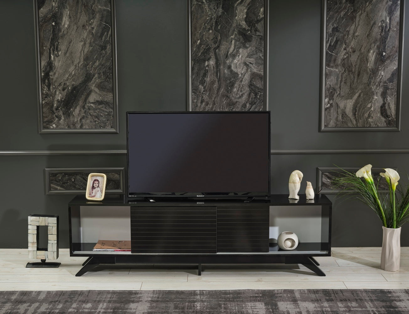 Luxia Mid Century Modern TV Stand 2 Sliding Door- Black