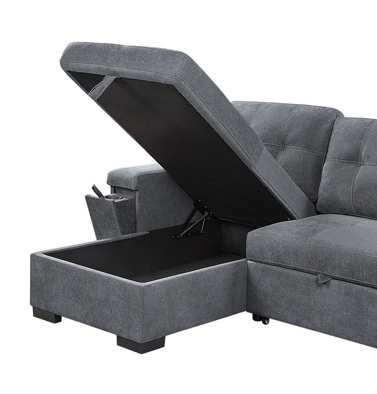 Toby Woven Fabric Reversible Sleeper Sectional Sofa with Storage Chaise Cup Holder USB Ports and Pockets - Gray