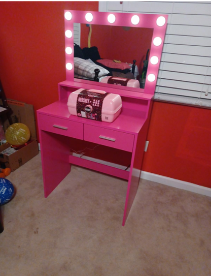 Neve Vanity Desk with Mirror and Lights - Rose Pink