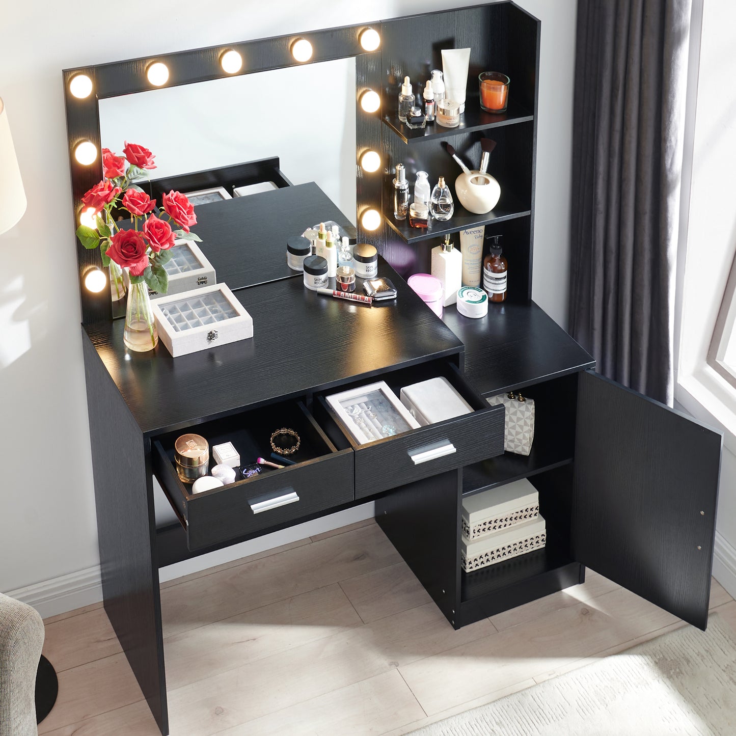 Melanie Vanity Desk with Mirror and Lights - Black