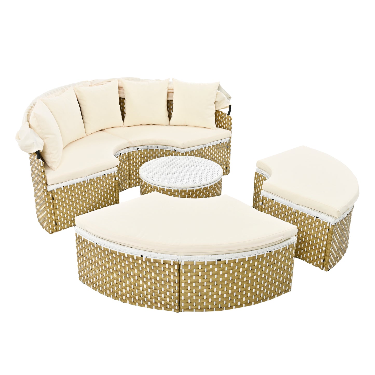 Malena 5 Pc Round Rattan Sectional Sofa Set with Retractable Canopy - Beige