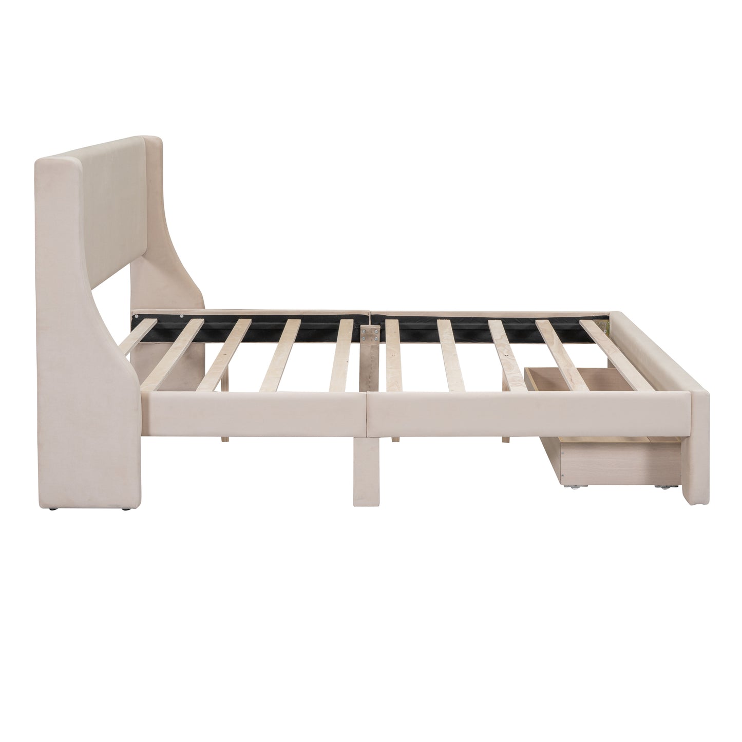 Renni Queen Size Velvet Platform Bed Frame with Drawer - Beige