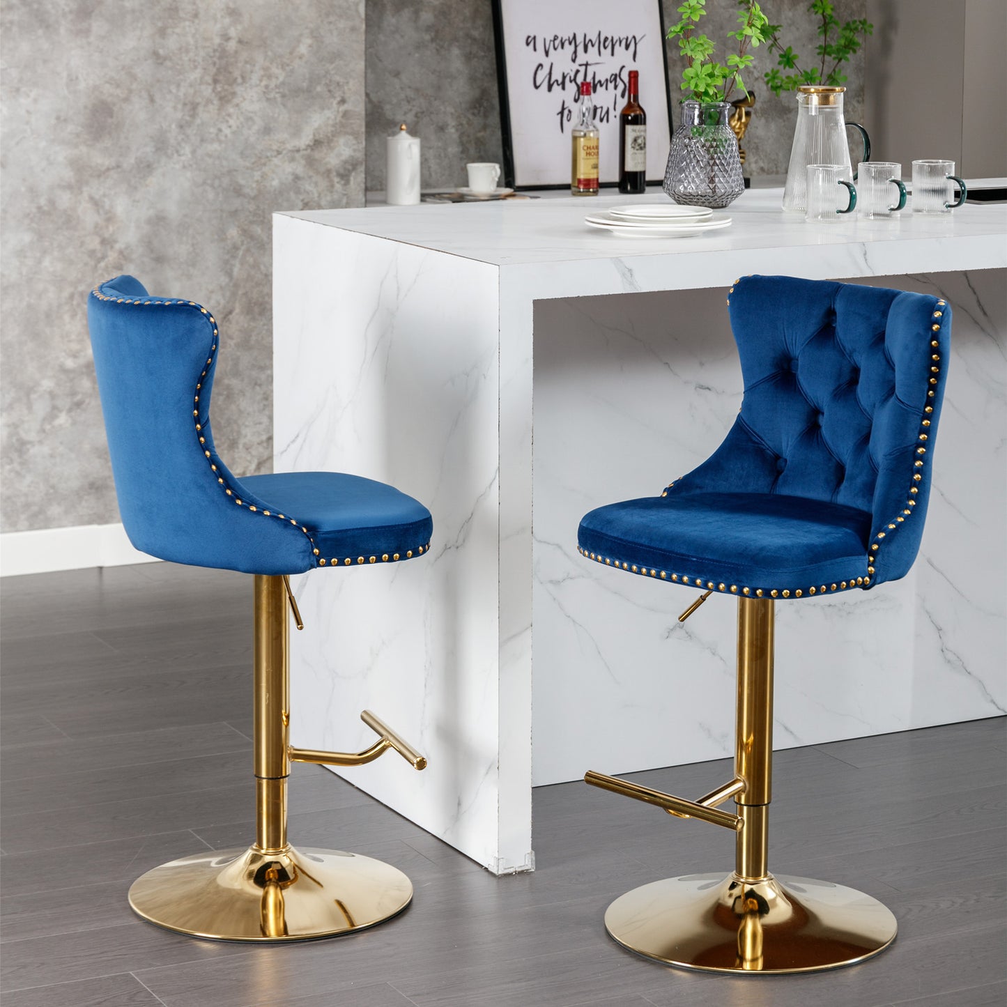 Stellar Golden Swivel Velvet Barstools Adjusatble Height - Blue  Set of 2