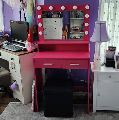 Neve Vanity Desk with Mirror and Lights - Rose Pink