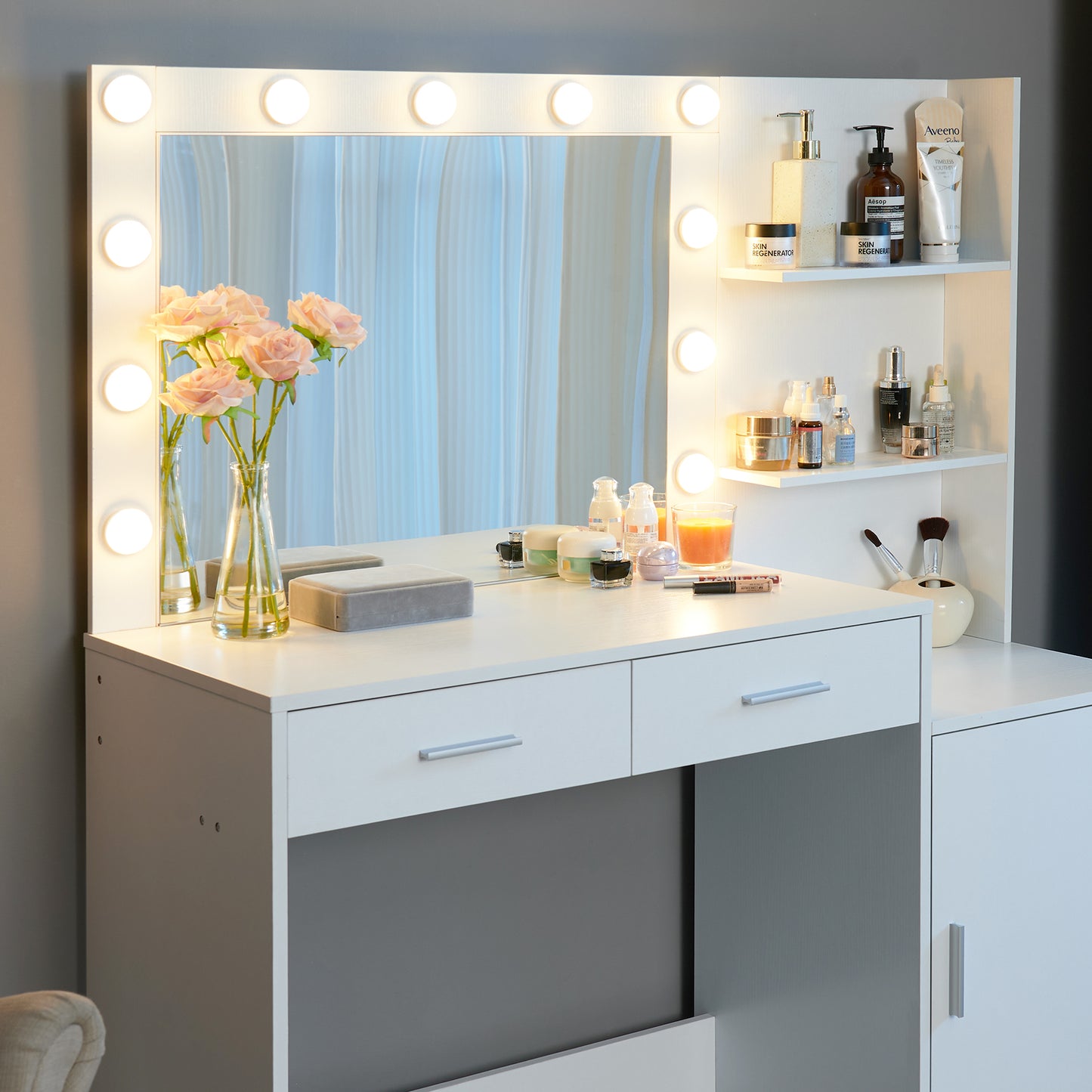 Melanie Vanity Desk with Mirror and Lights - White