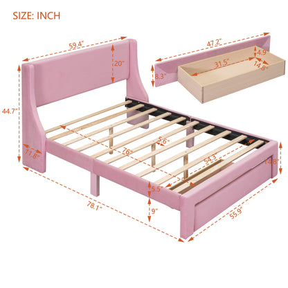 Renni Full Size Velvet Platform Bed Frame with Drawer - Pink