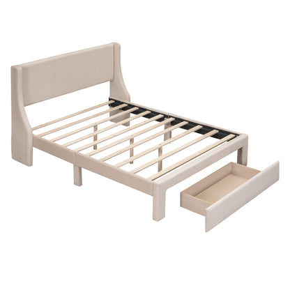 Renni Full Size Velvet Platform Bed Frame with Drawer - Beige