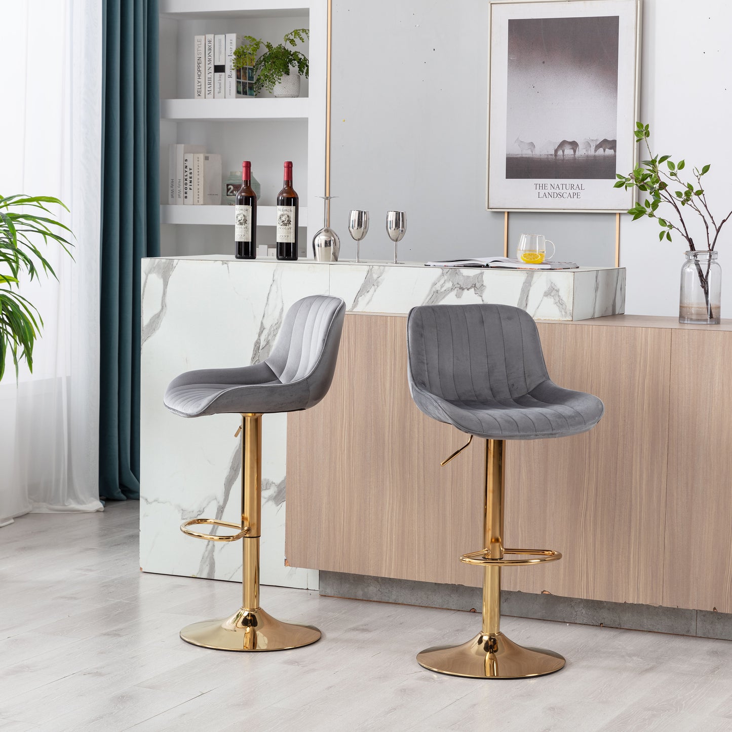 Stramline Adjustable Velvet + Golden Leg Bar Stool - Gray Set of 2