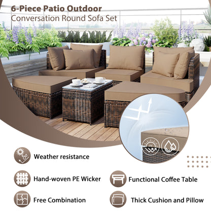 Scarlett 6 Pc Patio Outdoor Conversation Round Sofa Set - Brown