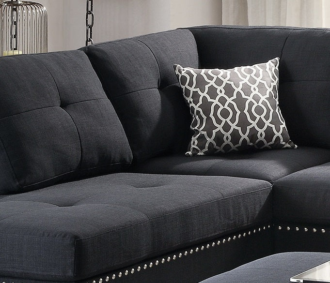 Surya 3pc Sectional Sofa Polyfiber Cushion Sofa Chaise Ottoman Reversible Couch Pillows - Black