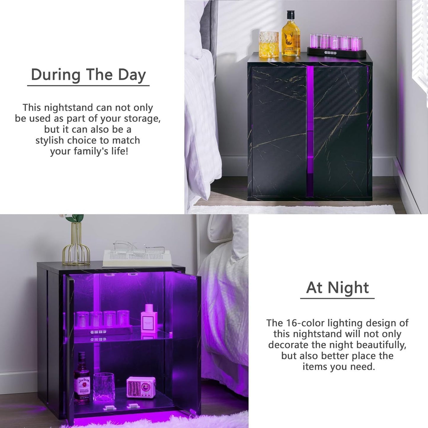 Quest LED  Nightstand with Glass Shelves -Black