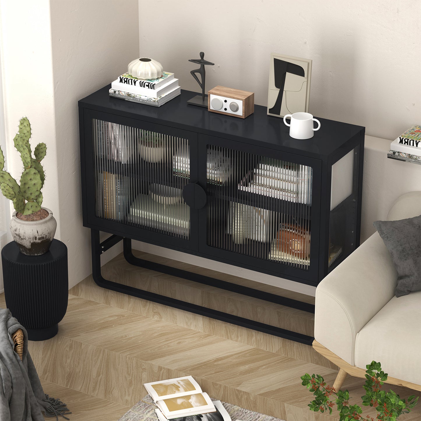 Tempered Glass Cabinet Credenza - Black