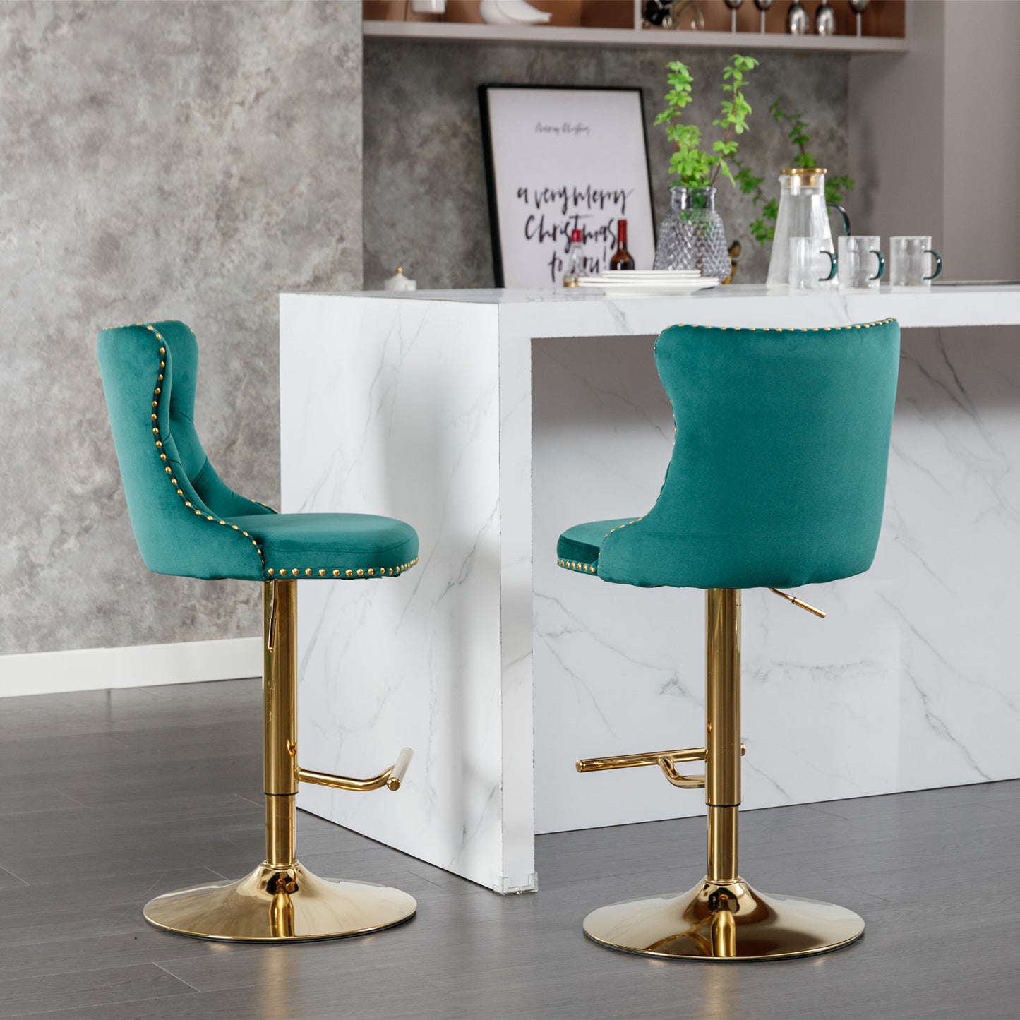 Stellar Golden Swivel Velvet Barstools Adjusatble Height - Green  Set of 2