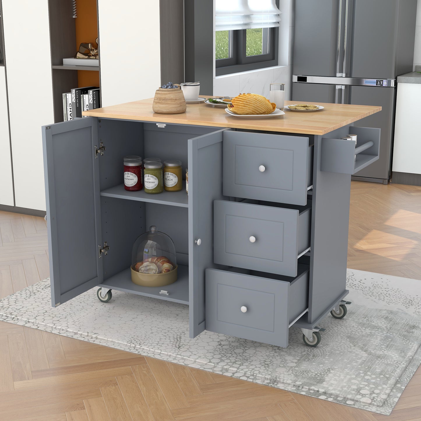 Oasis Kitchen Island with Solid Wood Top and Locking Wheels - Grey Blue