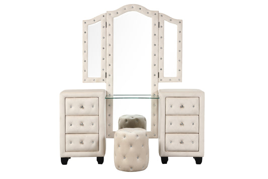 Selina Velvet 6-Drawer Makeup Vanity Set - Cream