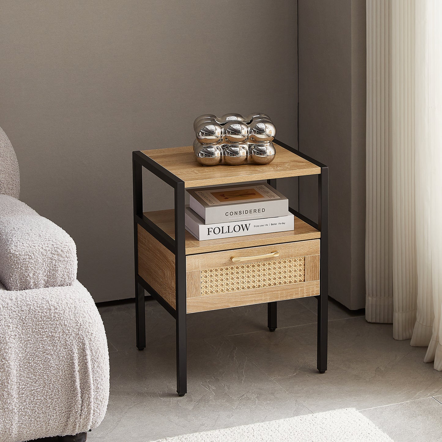 Rattan End table with  drawer Modern nightstand - Natural