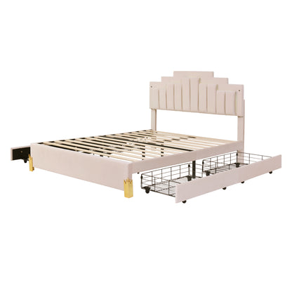 Neco Queen Size Platform Bed with LED and 4 Drawers - Beige