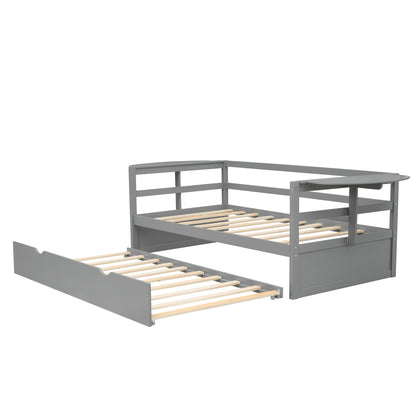 Tumo Twin Size Daybed with Trundle and Foldable Shelves - Gray