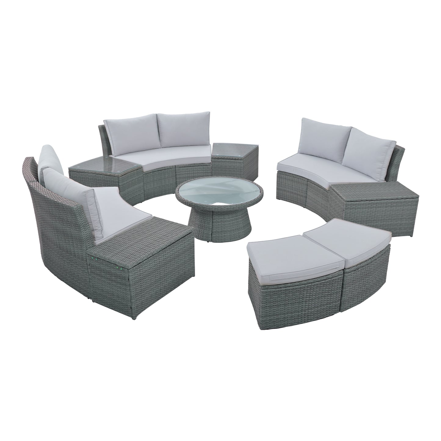 Clarkson 10 Pc Patio Rattan Half Round Sectional Sofa Set - Light Gray