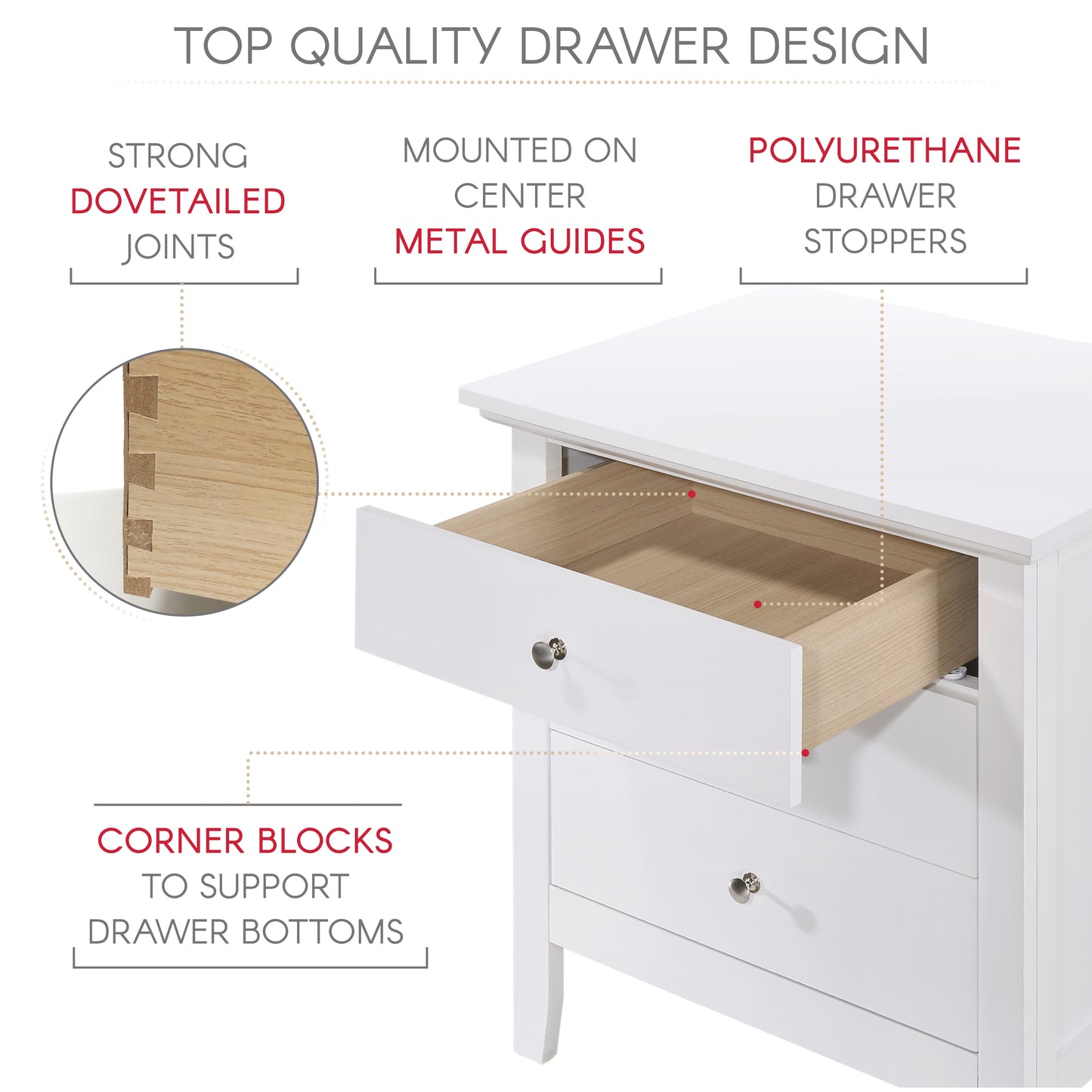 Hammond  3 Drawer Nightstand - White